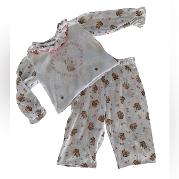 Honors Pajama Set 2 PCS Shirt Pants Long Sleeves Bears VTG Pink White Girl 12M - Picture 1 of 16
